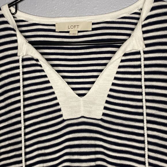 Loft Stripe Tasseled Tie Neck Tunic Blue and White Striped Sweater Size Medium - Picture 3 of 10